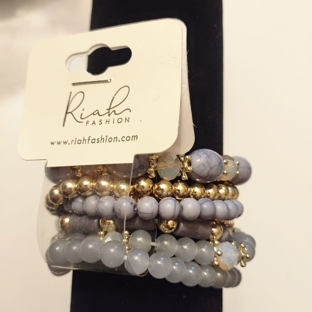 Set Of 6 Stretch Beaded Bracelets In Gray & Gold Tones By Riah Fashion-NEW